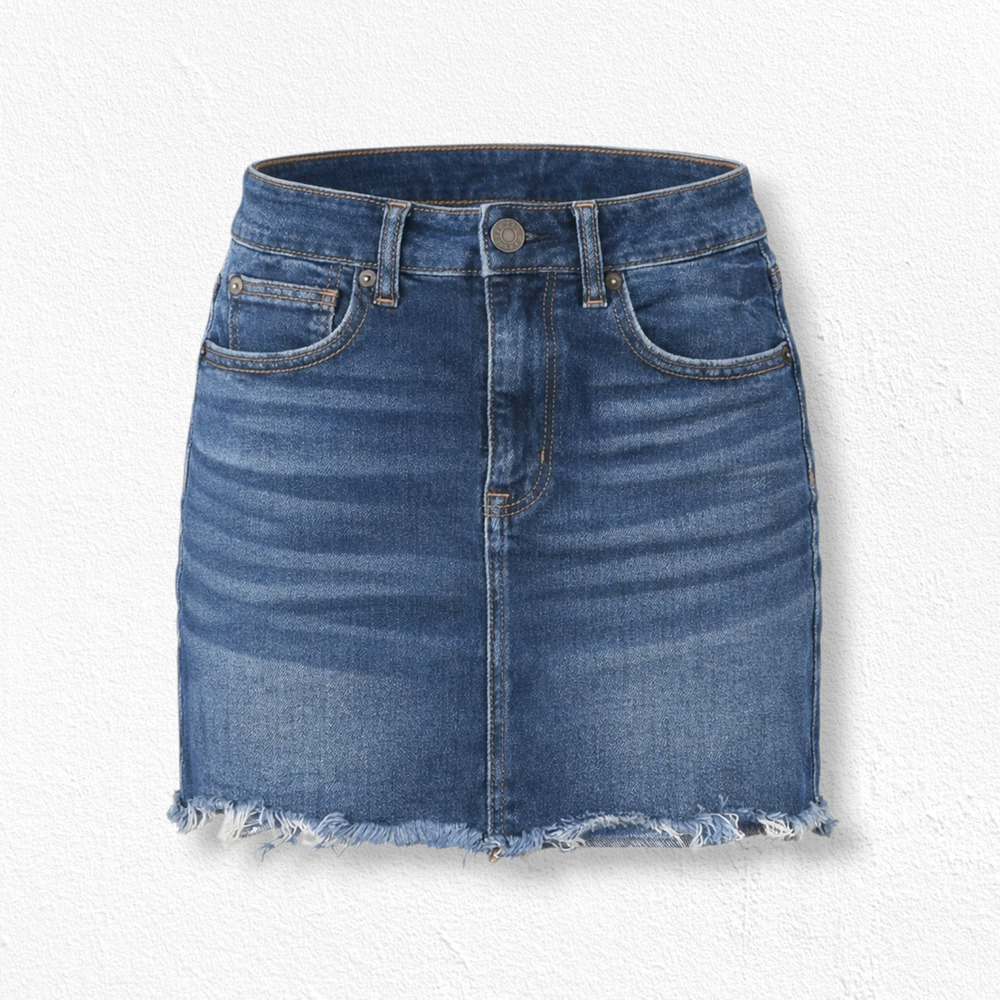 American Eagle Medium Wash High Rise Raw Hem Stretch Denim Mini Skirt Size 6